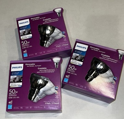 3 X 3 PHILIPS 50-Watt PAR20 Dimmable Daylight Bright LED Flood Lights w/Med Base