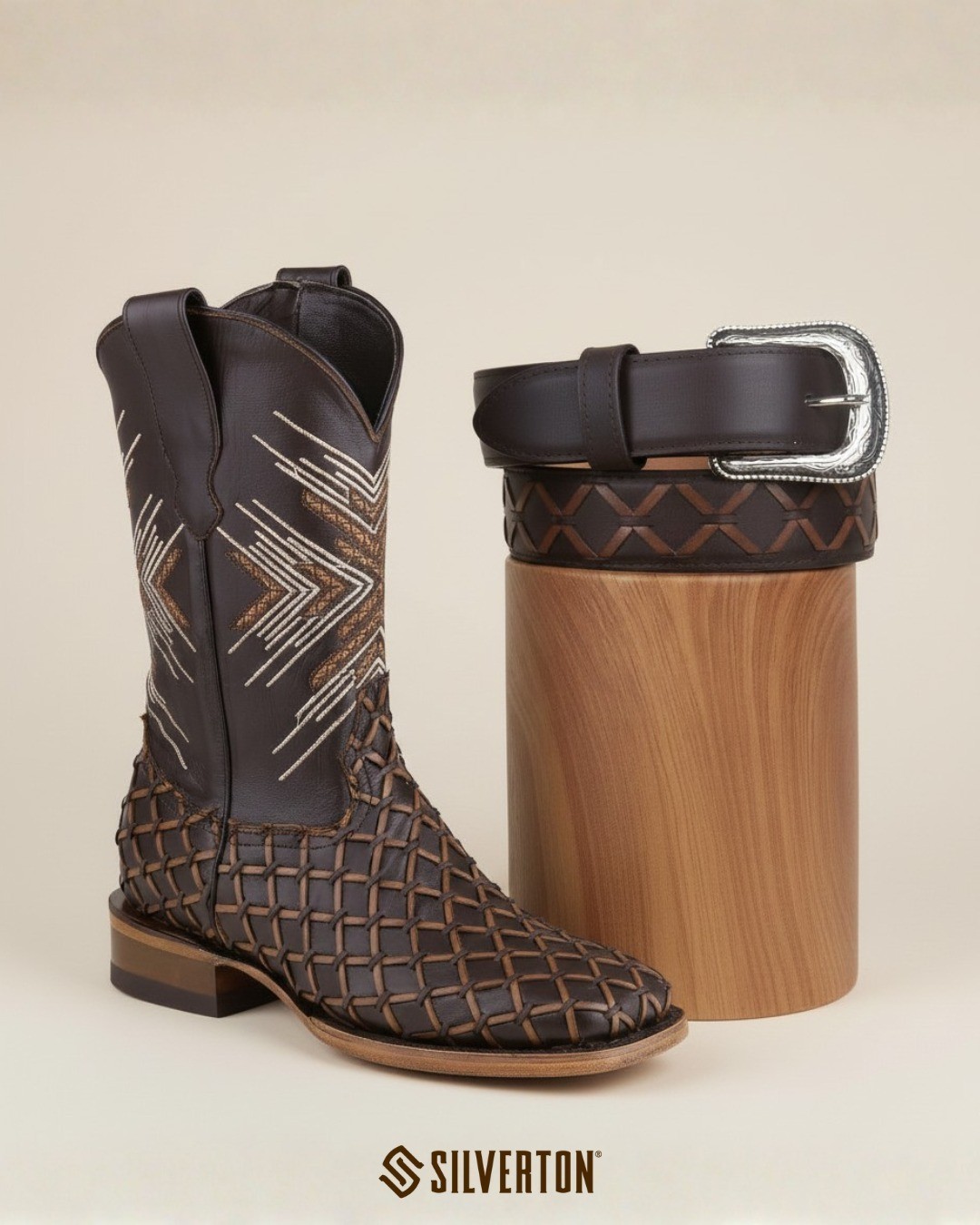 Botas artesanales de vaquero occidental de cuero genuino tejido a mano con punta cuadrada - bicolor