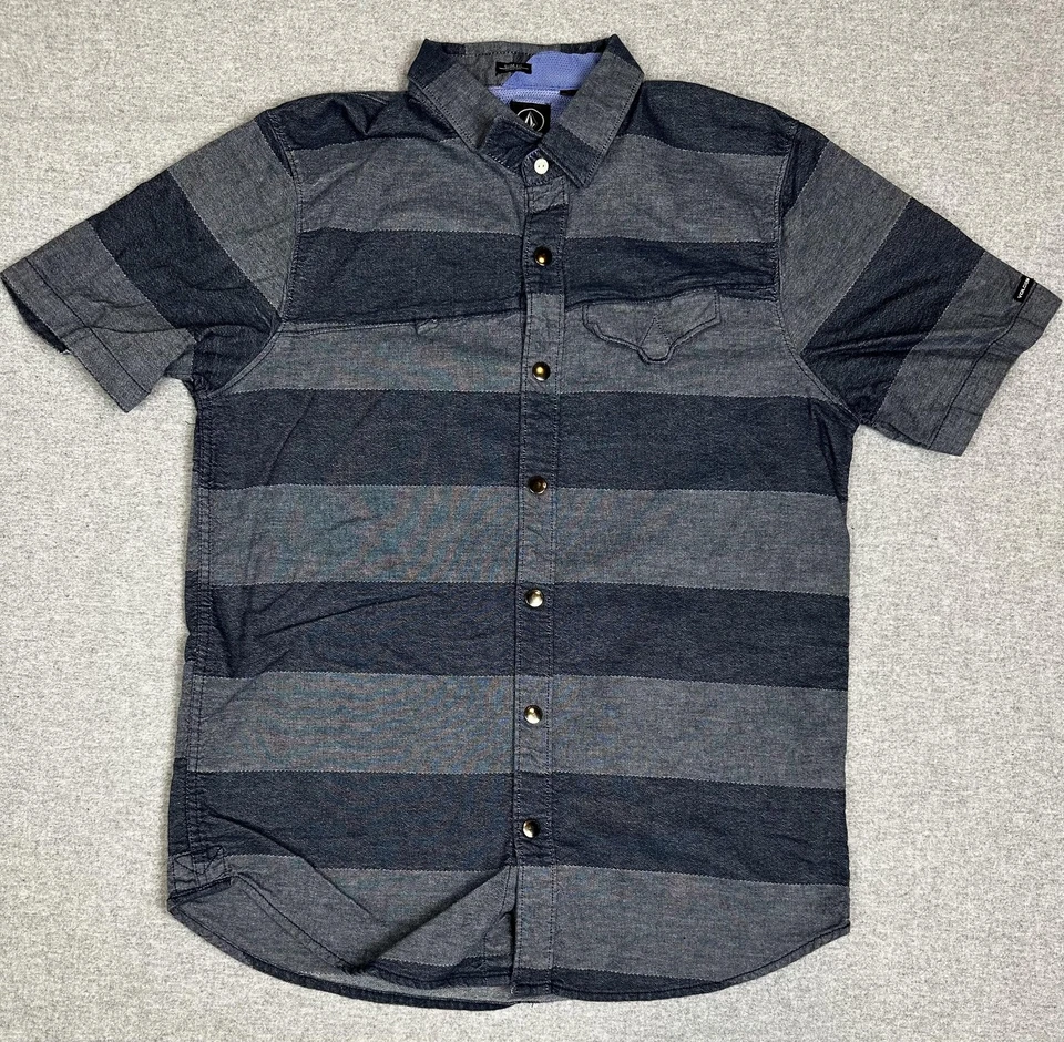 Volcom Cambro Shirt Mens Large Blue Gray Striped Short Sleeve Button Up Slim Fit - Image 2 of 4