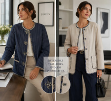 Women's Linen Blend Reversable Blue Stripe Artsy Coastal Blazer Sz M