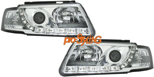 Headlights VW Passat 3B real LED daytime running lights xenon look chrome 97-00 - Picture 2 of 3