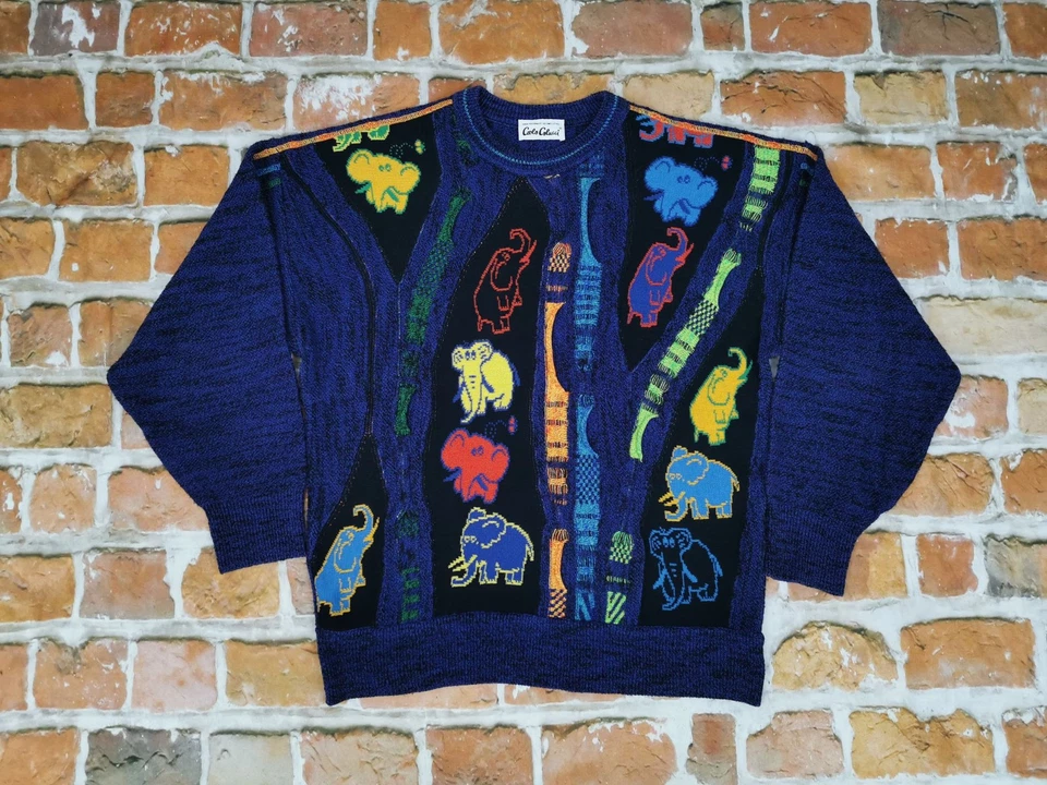Carlo Colucci Vintage Jersey Colorido Comic Elefantes Azul Marino Gr: M Tip Top - Imagen 4 de 4