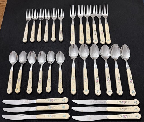 TEA ROSE by PFALTZGRAFF Serves 6 Flatware Set Stainless Steel 30 Piece Cottage - Picture 2 of 8