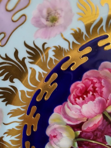 Rare Antique Cauldon England Hand Painted Plate Pink Cobalt Blue Gold Flowers - Picture 4 of 10