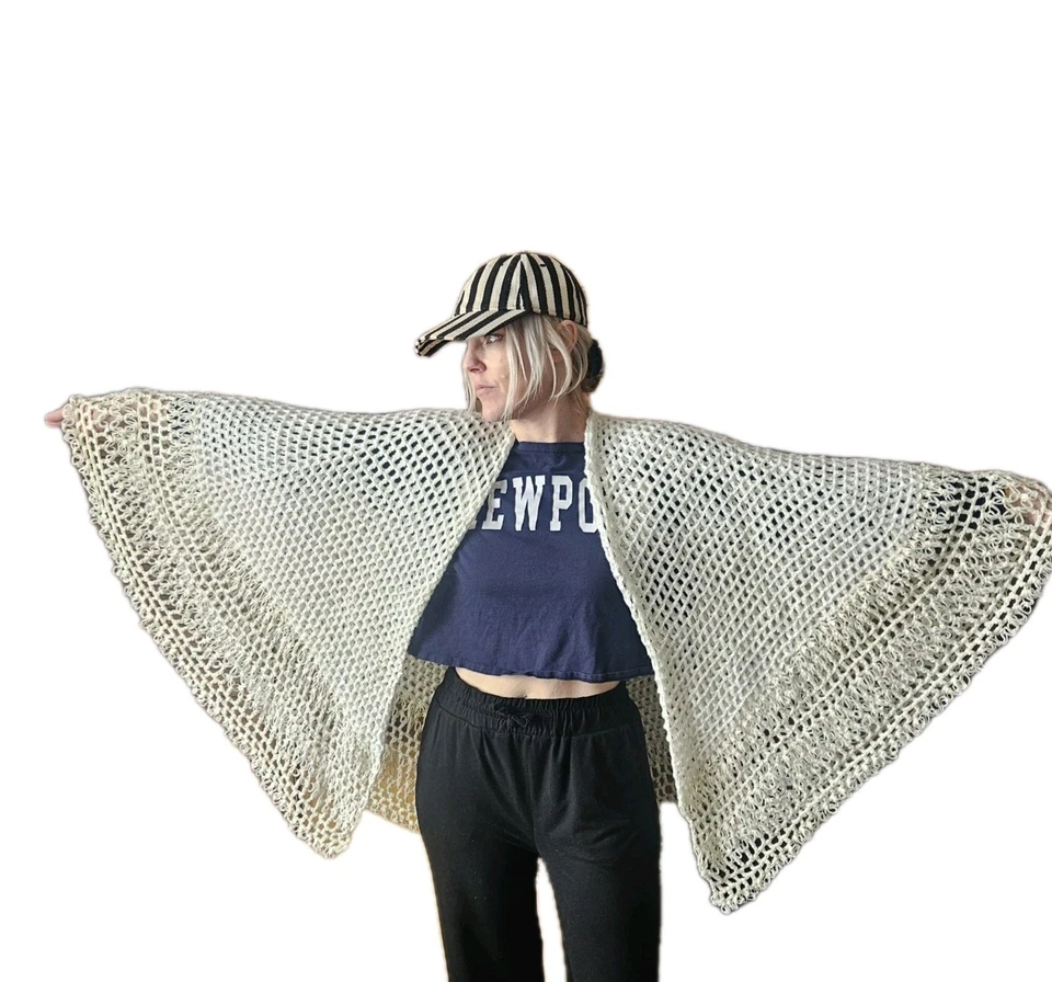 Poncho de Colección Crochet Marfil Envoltura Chal Abierto Doble Capa Mezcla de Algodón Talla Única Mod Foto 4 de 4