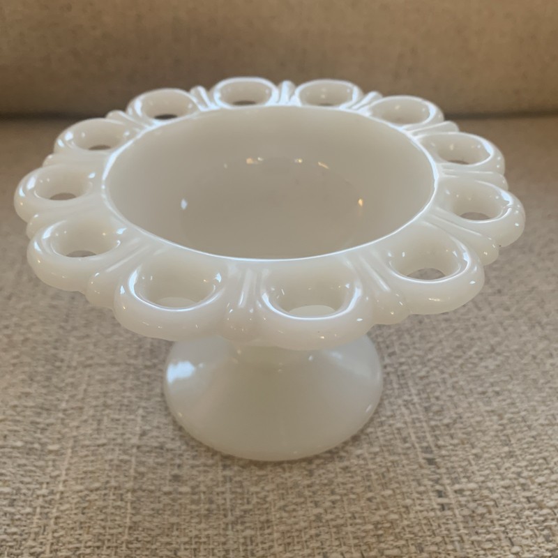 Anchor Hocking Old Colony Open Lace Edge milk glass pedestal compote. 3-1/4”tall