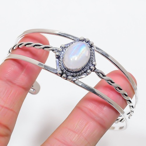 Natural Moonstone Gemstone 925 Sterling Silver Cuff Bracelet Sz 7-8" - 第 1/1 張圖片