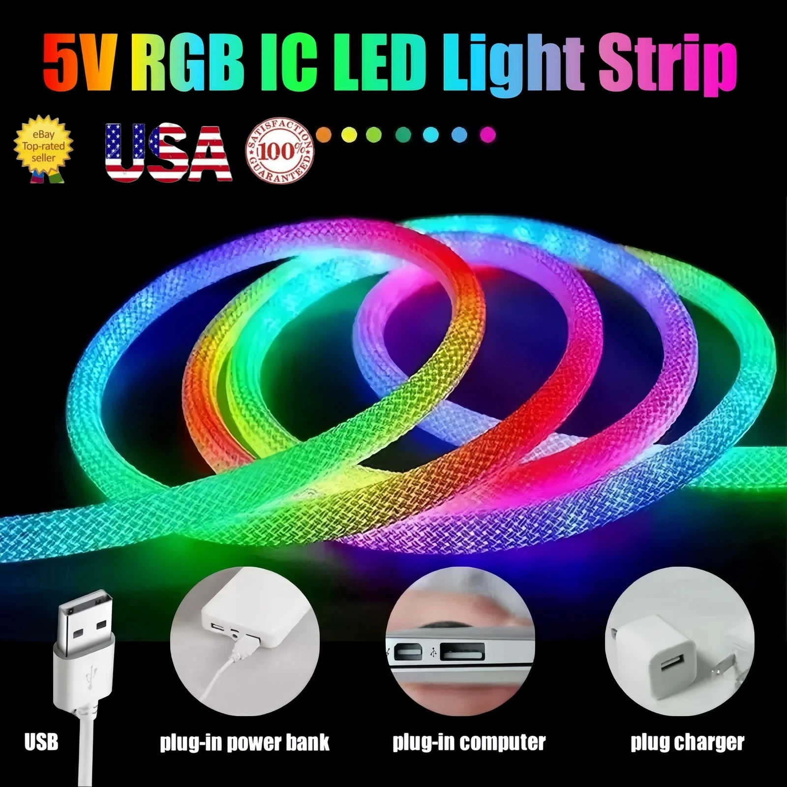 5V 6.56ft WS2811 USB RGB Neon LED Light Strip Home Decor 360 Round Reticulate
