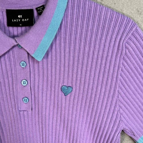 Lazy Oaf Purple Ribbed Polo Shirt W/ Blue Collar & Heart Embroidery Size 16 - Picture 5 of 8