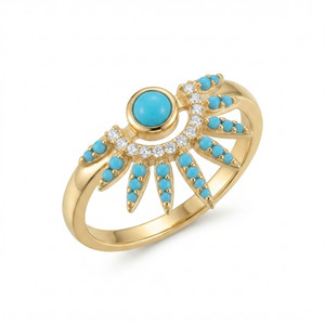 Authentic Turquoise CZ Sunray Spike Ring 14K Gold Plated 925 Silver 15.7x12.9mm Sizes 6-9
