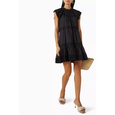 Veronica Beard Black Tiered Embroidered Eyelet Dress Mini Sleeve Mock Neck Sz 14