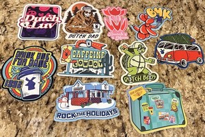 *** 10 STICKER LOT DUTCH BROS *** SUITCASE DANE DAD SASQUATCH MOM TULIP COWBOY