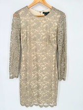 Ralph Lauren Dress Women 4 Metallic Gold Lace Cocktail Long Sleeve Lined Holiday
