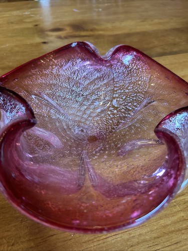 Vintage Murano Art Glass Italy Pink Ruffled Dish Silver & Gold Flecked 8-9” Dia. - Picture 7 of 10