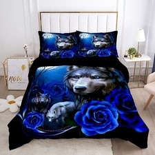 Wolves Wildlife Blue Rose Duvet Quilt Cover Double Bedding Set Pillowcase