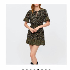 Zara Peasant Boho Black Multi Floral Tiered Ruffle Mini Sundress Tie Front Small