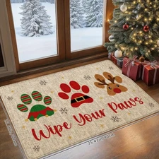 Red & Green 1pc Festive Christmas Doormat with "Wipe Your Paws" Design - Soft