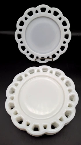 Vintage Set of 6 White Milk Glass Plates 8-1/4" Scalloped Lace Edge