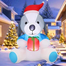 5 FT Christmas Inflatables Outdoor Decorations Inflatable Dog with Gift Box Blow