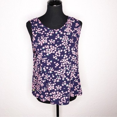 Draper James RSVP navy blue pink floral button side sleeveless top size Large