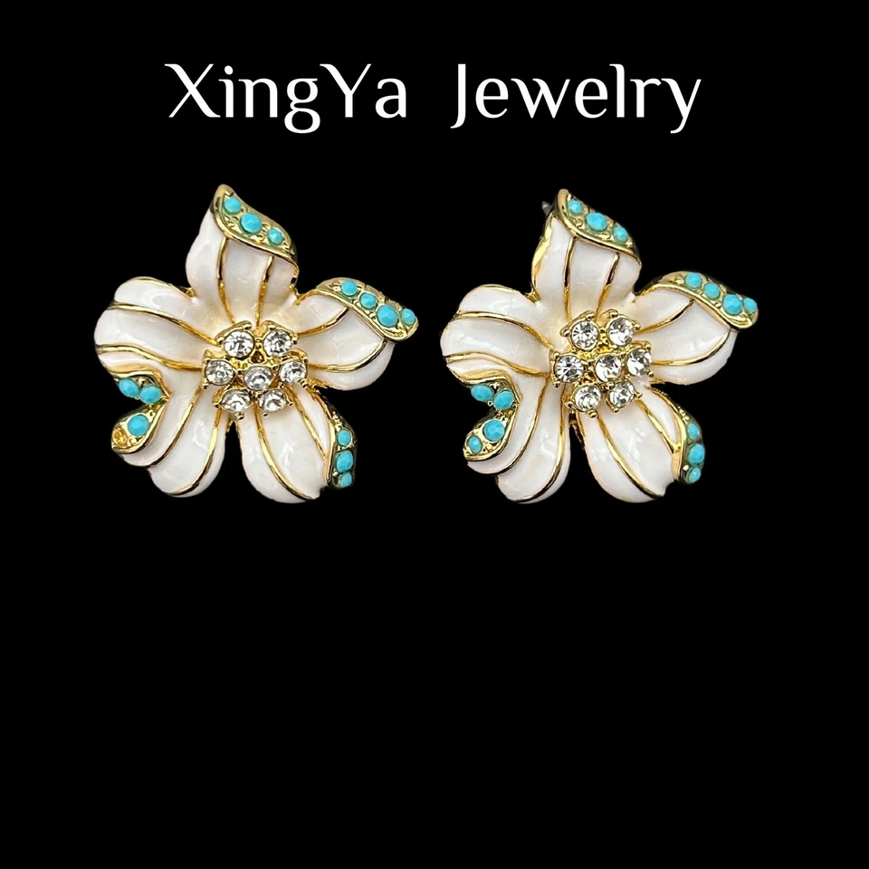 Juego de collar y pendiente de flor de perlas turquesa esmalte bohemio Foto 2 de 4