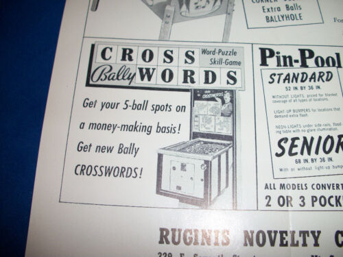 NIGHT CLUB & CROSS WORDS BALLY BINGO Vintage 1956 Arcade Sales Flyer Brochure - Picture 2 of 5