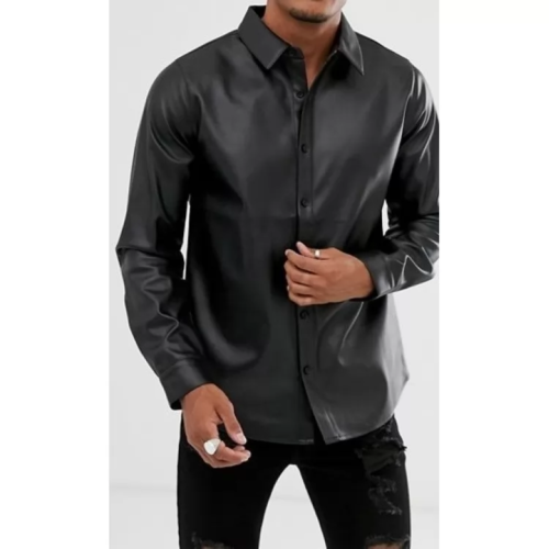 Stylish Black New Men's Shirt Real Lambskin Leather Handmade Formal Casual Party - Picture 1 of 7