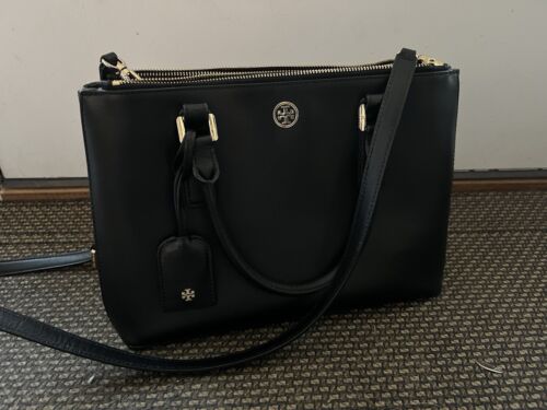 Tory Burch Black Gold Leather Two Zipper Bag, Shoulder Bag, Crossbody Bag, Large