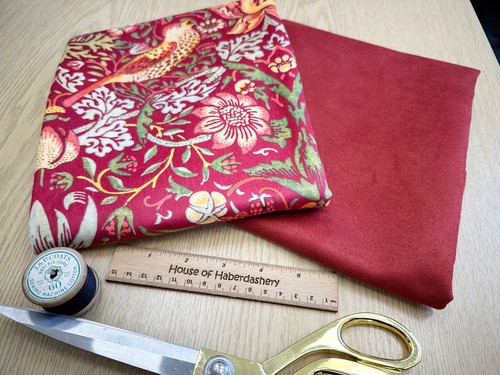 UPHOLSTERY FABRIC BUNDLE - William Morris Strawberry Thief Red Velvet & Suede - Picture 2 of 5