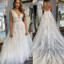 V Neck Wedding Dresses Lace Appliques Sleeveless Backless Beach Bridal Gowns