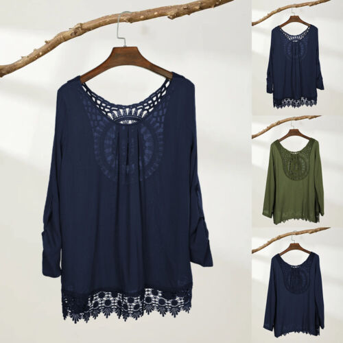 Women Ladies Hollow Out Round Neck Casual T-Shirt Tops Loose Long Sleeve Blouse