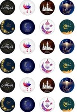 24 X PRECUT HAPPY EID MUBARACK FASTING ISLAMIC RICE PAPER/WAFER CUP CAKE TOPPERS