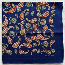 Vintage Bandana Navy Blue Cotton Red Paisley Ethnic Floral Art Handkerchief 21"
