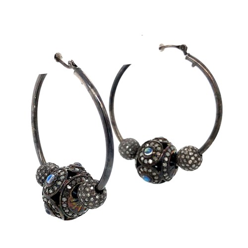 \\4.68ct Diamond Blue Moonstone Oxidized Beads Hoop Earrings 925 Sterling Silver - Picture 5 of 7