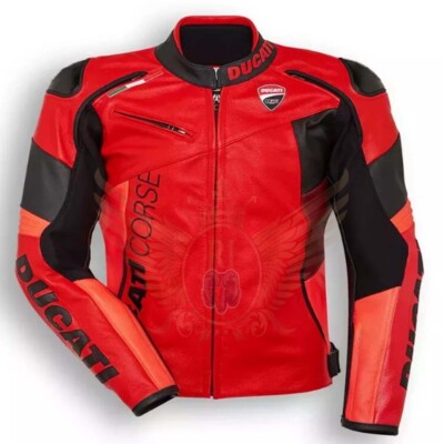 Two Tone Red Black Ducati Corse Racing Motorcycle Premium Cowhide Leather Jacket