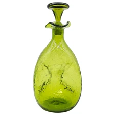 Vintage Blenko #49 Winslow Anderson Olive/Kiwi Pinched Glass Decanter W/ Stopper