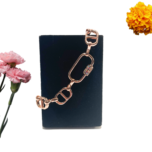 Woman's Bracelet 18KRose Gold Plated Cubic Zirconia's Stainless Steel Carabiner - Picture 8 of 11