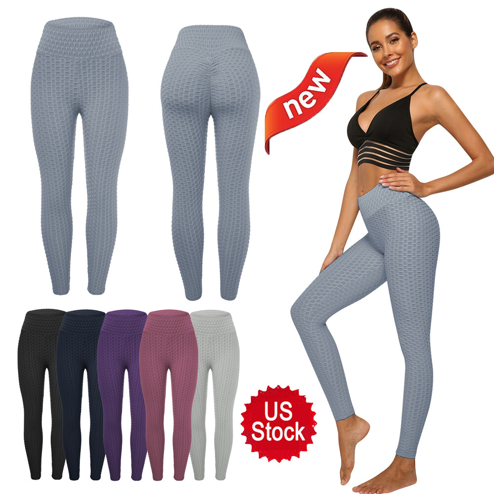 Yoga pants women's high waist pleated hip lift textured leggings gym workout EIT-image