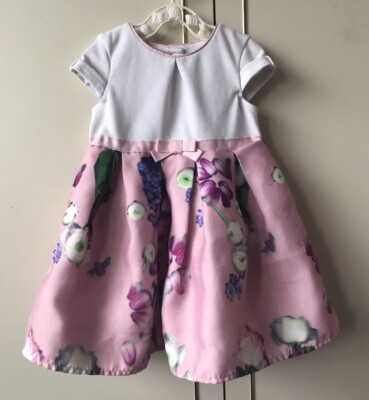 Ted Baker - Baby Mädchen Kleid rosa weiß Blumenkleid Party Schleife Knopf 12-18 Monate