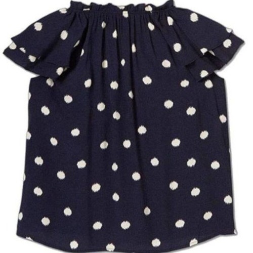 Top A New Day para mujer XS azul marino blanco lunares manga acampanada cuello dividido nuevo con etiquetas - Imagen 2 de 6