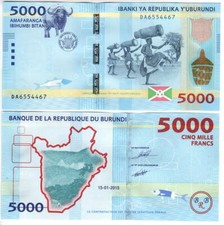 BURUNDI 5000 Francs UNC Buffalo Banknote (2015) P-53 1st Prefix DA Paper Money