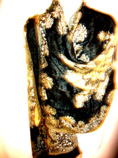 NEW LARGE WOMEN SOFT SHAWL with FRINGE 74" l x 28" x 5" Fringe Gold Black ton