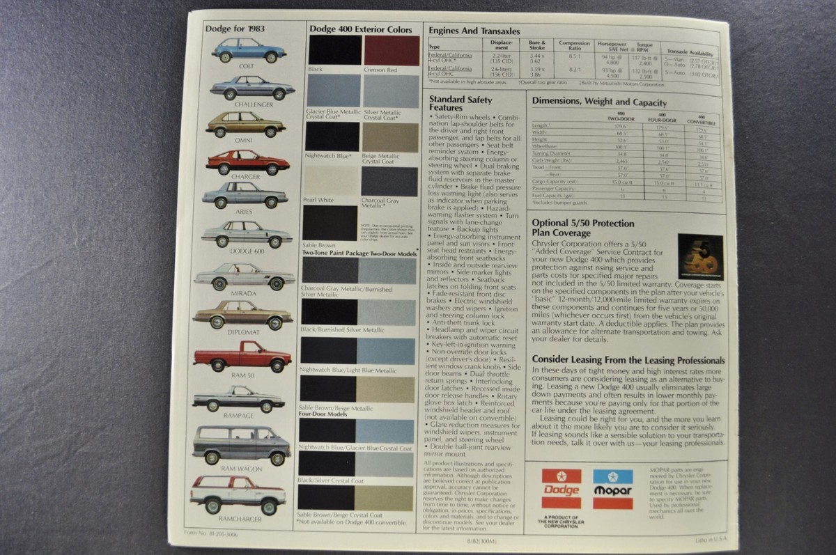 1983 Dodge 400 Catalog Brochure Convertible Coupe Sedan Excellent