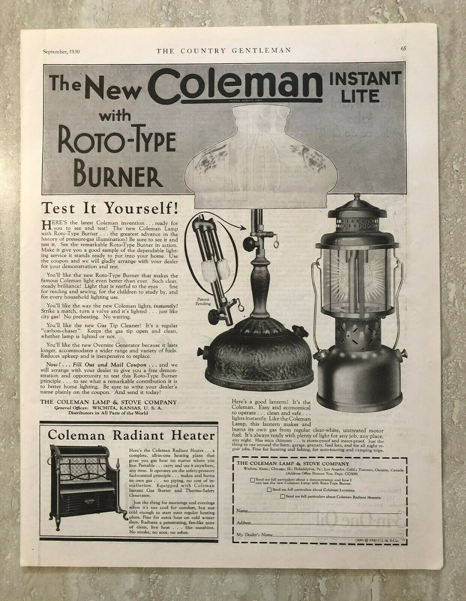 1930 Coleman Instant Lite Roto-ype Burner Lamp Vintage Print Ad | eBay