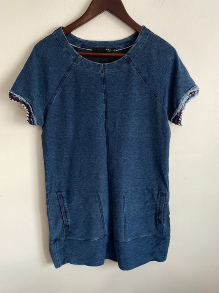 Max Jeans Denim Dress Womens Large Blue Short Sleeve Round Neck Pockets Flowy