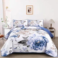 Floral Quilt Set 3 Pieces Blue Quilted Printed Bedspreads Bedding Set for All Se