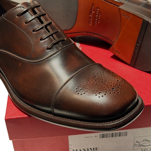 Ferragamo MAXIME Brown Leather Cap Toe Brogue Oxford Men's Dress Shoes Tramezza - Picture 5 of 7