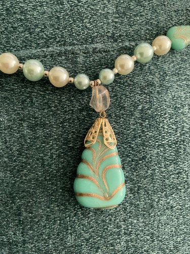 Vintage Japan Blue Strand Pearls Turquoise Pendant Necklace Clip Earrings Set - Picture 2 of 11