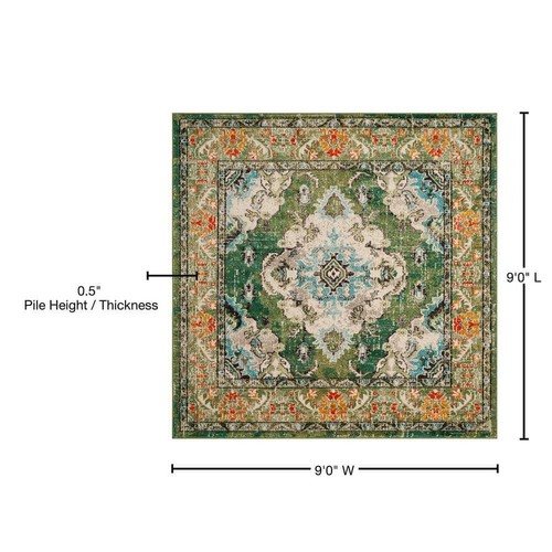 SAFAVIEH Area Rug 9' x 9' Monaco Square Border Loomed Forest Green + Light Blue - Picture 5 of 5