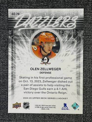 Olen Zellweger 2024-25 Upper Deck Series 2 Blue Dazzlers Rookie #DZ-70 RC - Picture 2 of 2